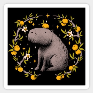 Goblincore Aesthetic Capybara Chilling With Orange on Head | Cottagecore Capy Yuzu Citrus Fruit Blossom Flowers Meditating - Dreamcore Fairytale Mycology Fungi Shrooms Forager Foraging Pet Mat Bandata Sticker